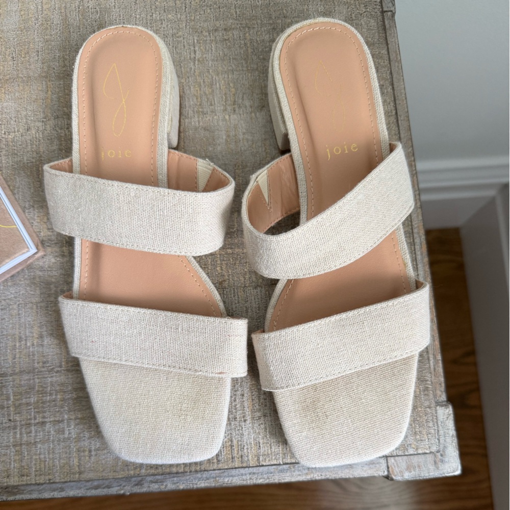 Joie Cream Linen Double Strap Slide Sandals